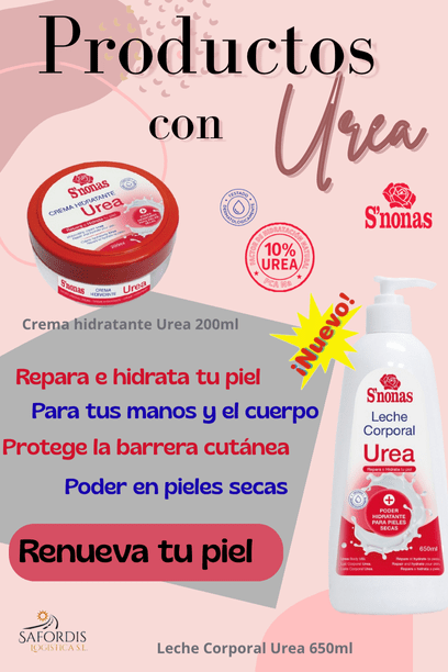 Productos hidratantes con Urea de S'nonas, incluyendo crema hidratante de 200ml y leche corporal de 650ml, diseñados para reparar e hidratar la piel.