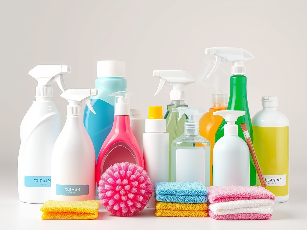 A variety of cleaning products including spray bottles and liquid containers in vibrant colors, accompanied by cleaning sponges and cloths arranged neatly on a light background.